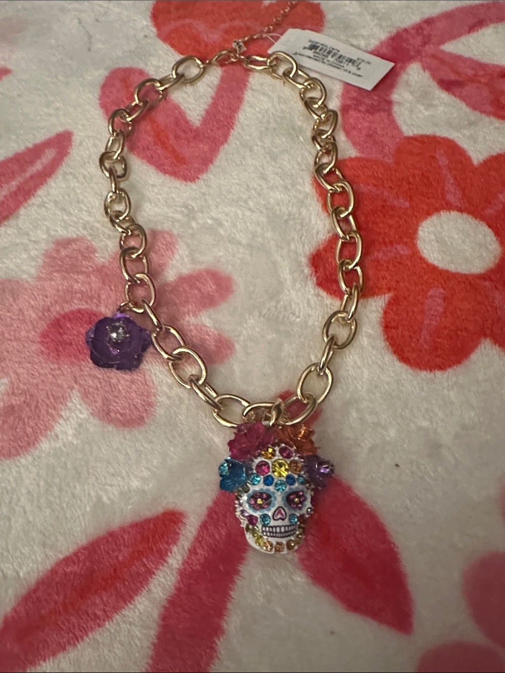 Betsey Johnson Gold-Tone Chain Necklace with Multicolor Jeweled Sugar Skull